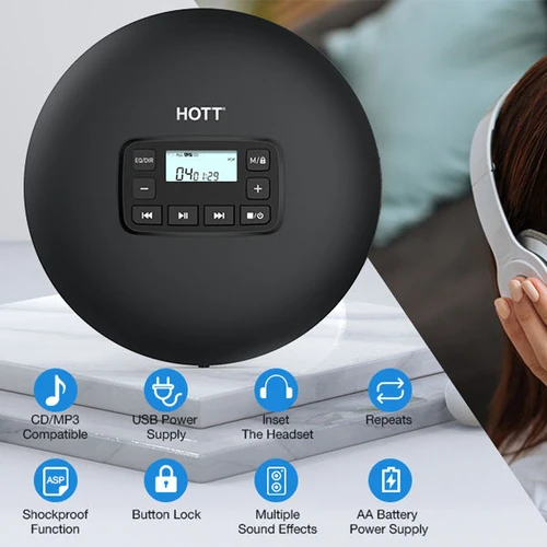 Imagen 2 del producto HOTT CD204 Reproductor de CD portátil para viajes en casa y automóvil con auriculares estéreo y protección antigolpes-Negro