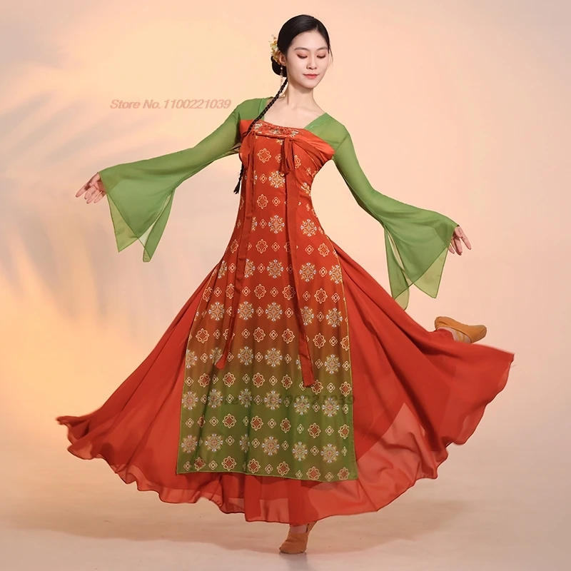 

2025 chinese vintage dance dress national flower print chiffon ruqun hanfu tops+skirt set festival folk dress stage performance