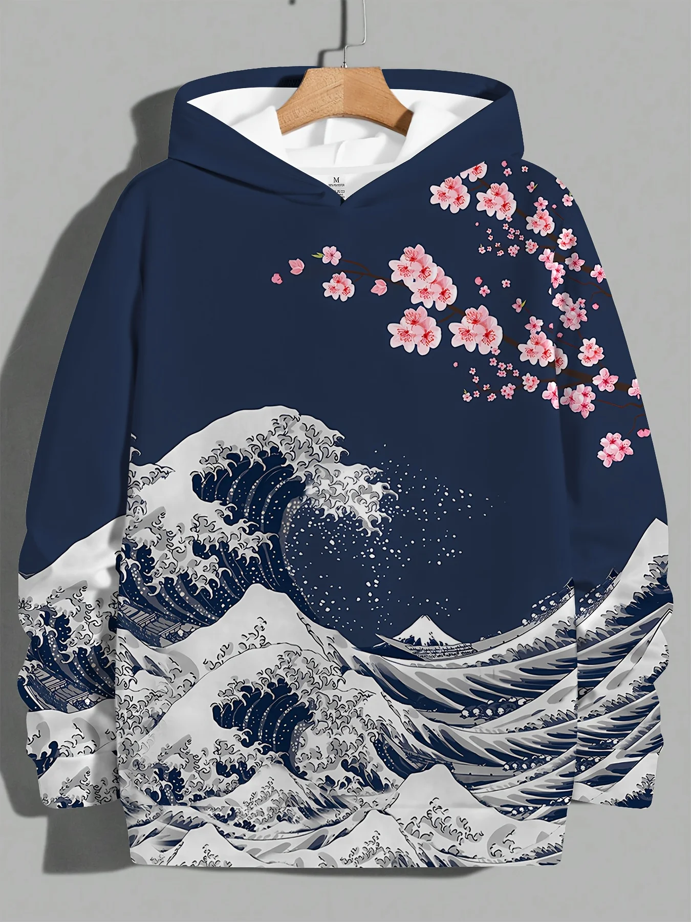 Artistic Print Men's Autumn Spring Clothing, Hooded Casual Sports Sweatshirt with Japanese Wave Cherry Blossom Print