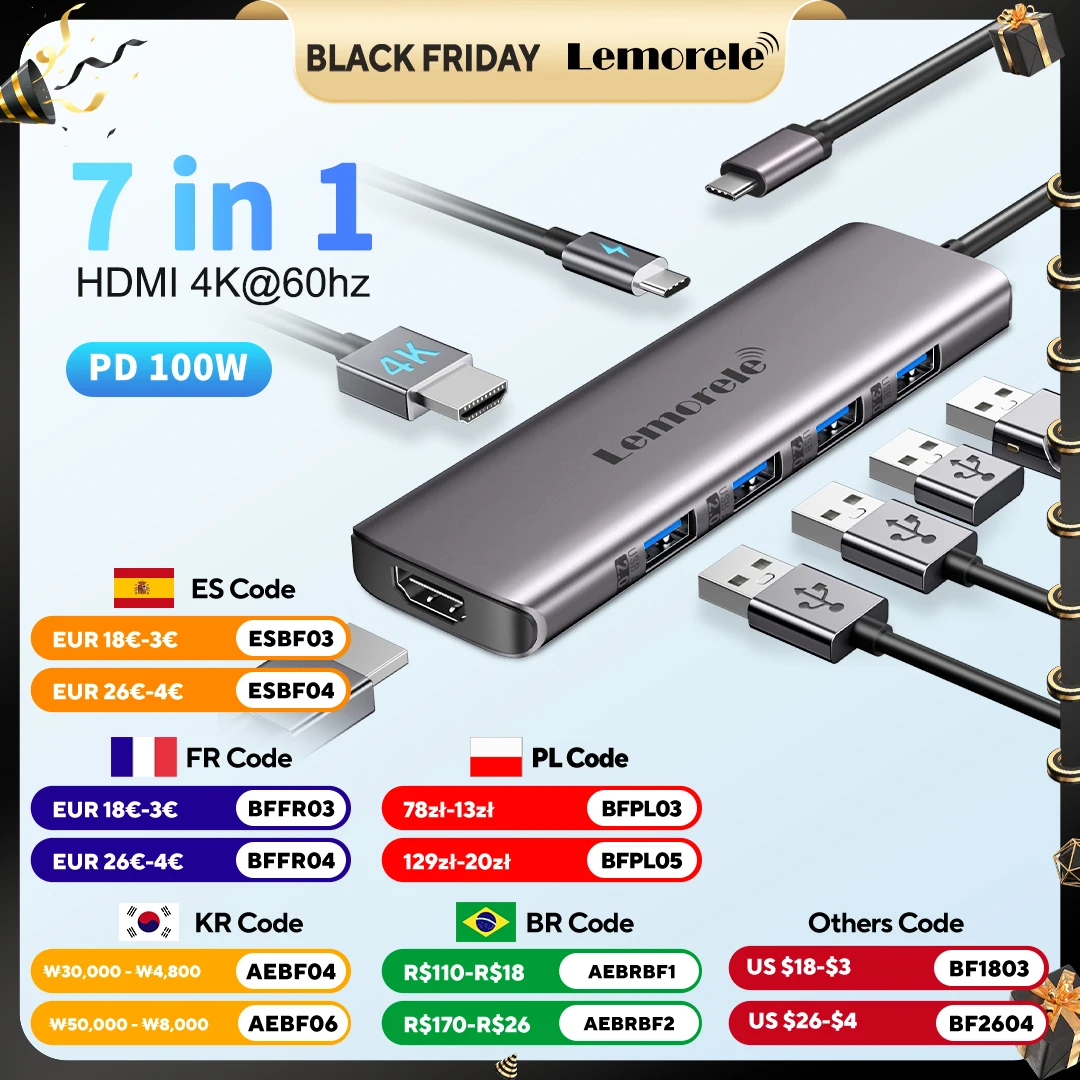 

Lemorele TC66L 7 in-1 USB Hub Type C Docking Station USB 3.0 Hub 4K HDMI 100W PD Multi Splitter Adapter for Macbook Windows iOS