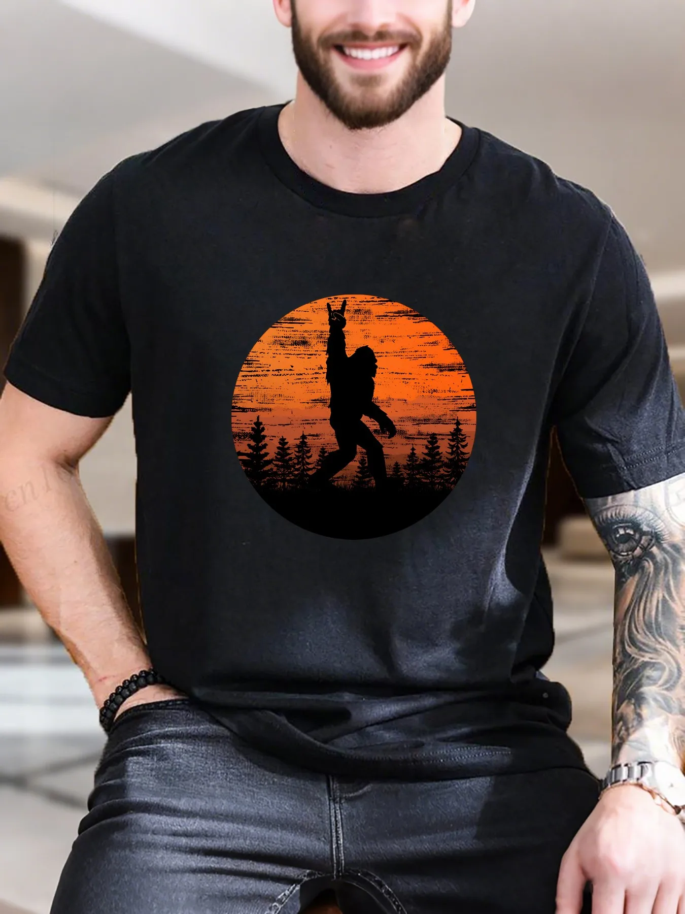 

New Arrival Fashion Men's Printed T-Shirt Silhouette of Man Walking in Woods Design 100% Cotton Breathable Comfortable Casual Da