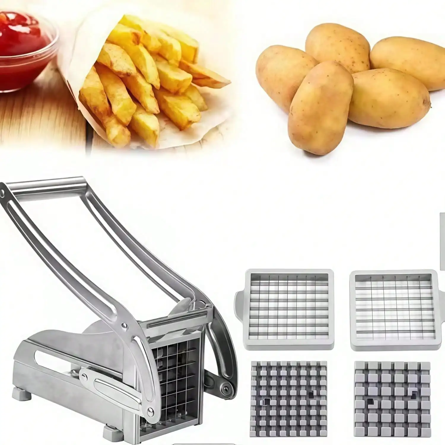 Stainless Steel Manual French Fry Cutter Potato Slicer With 2 Replaceable Blades For Potato Carrot Vegetable Cutting