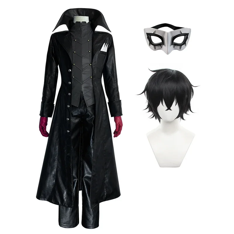 P5 Game Ren Amameya Cosplay Wig Masking Joker Faux Leather Coat Pants Vest Gloves Daily Wear Cos Convention Rose Net