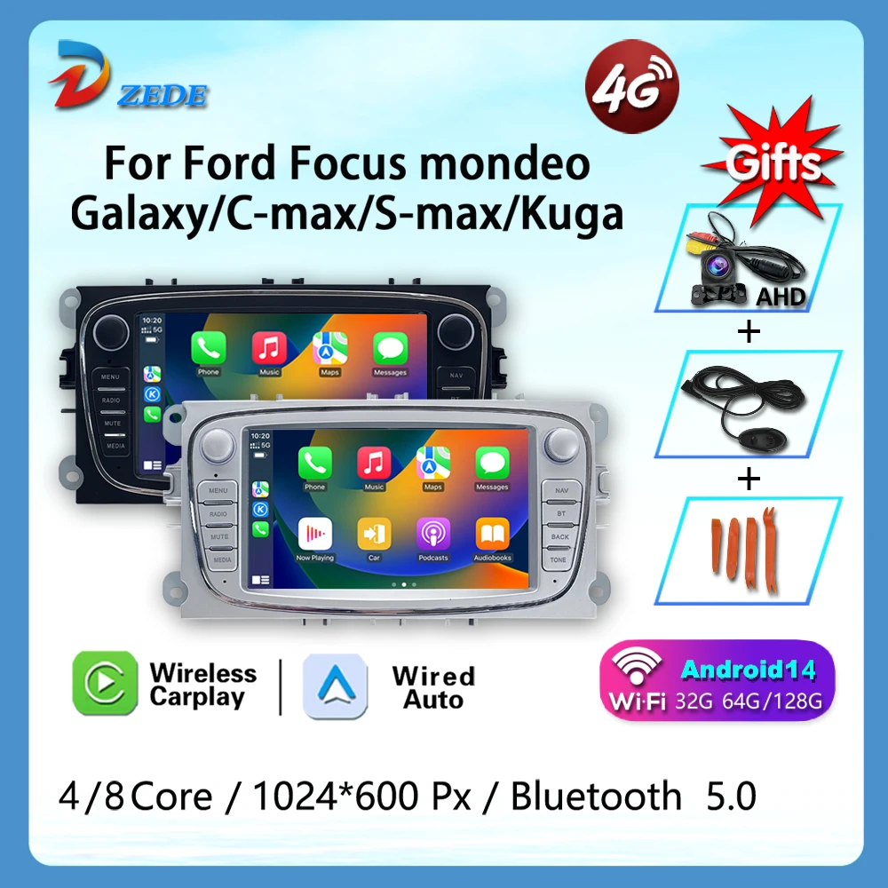 Alto-falante de rádio multimídia para carro Android 14 de 7 polegadas, adequado para Ford Focus Mondeo Galaxy/C-Max/S-Max/Buga carro wired WiFi, GPS
