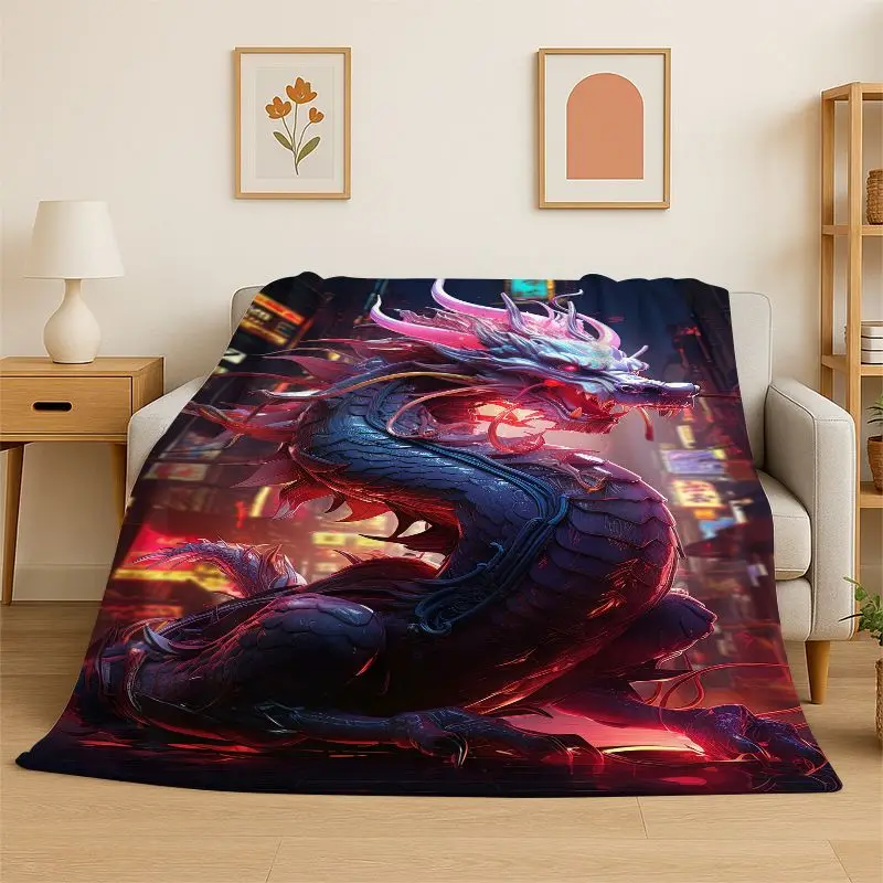 Dragon China Loong Cartoon Flannel Blanket Soft Throw Blanket for Bedroom Living Room Bed Travel Camping Picnic Nap Cover Gift
