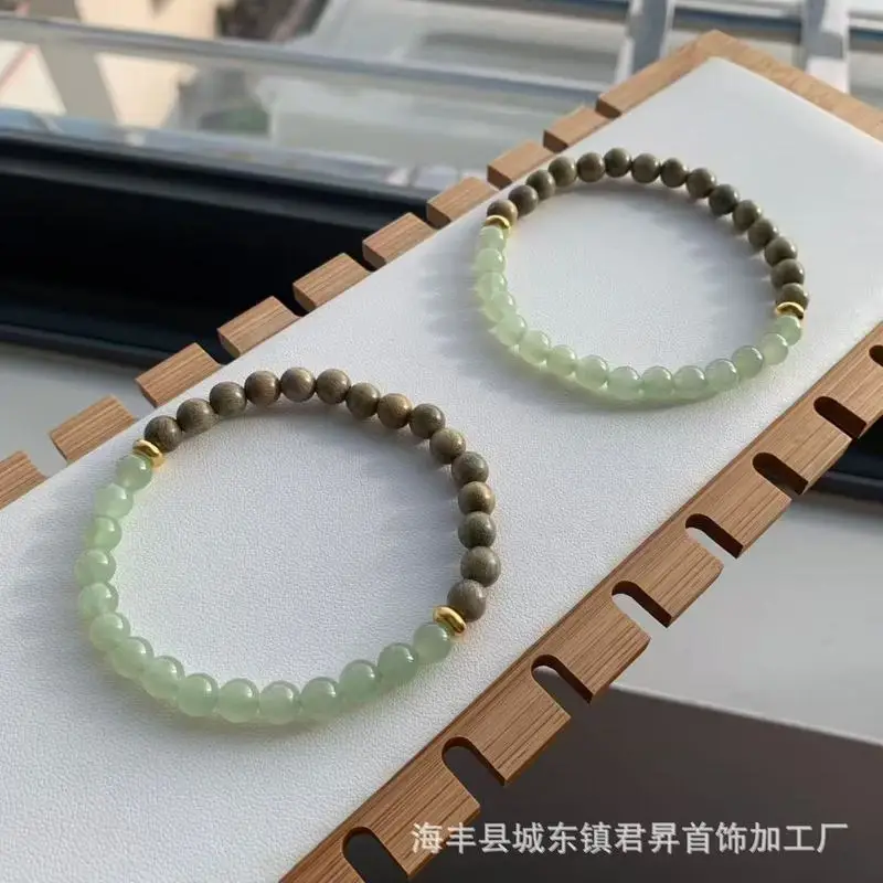 Qinghai Hetian Jade Bracelet Paired With Green Sandalwood, Compact And Versatile Style, -Mountain Semi-De