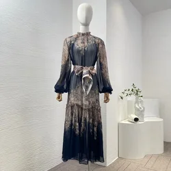 2024 New Navy Blue Flouncing Collar Long Sleeve Floral Print Loose Midi Dress