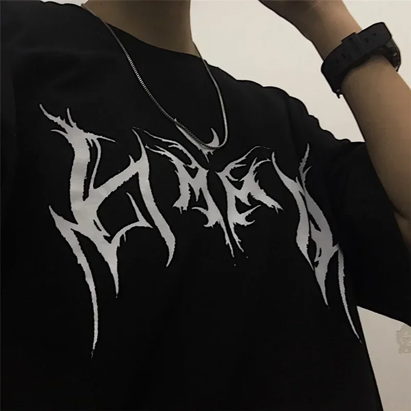 المرأة تي شيرت الهيب هوب فضفاض القوطية الشرير إلكتروني طباعة تي شيرتات قصيرة الاكمام Harajuku الشارع الشهير Y2k الملابس بلايز النساء الملابس #3