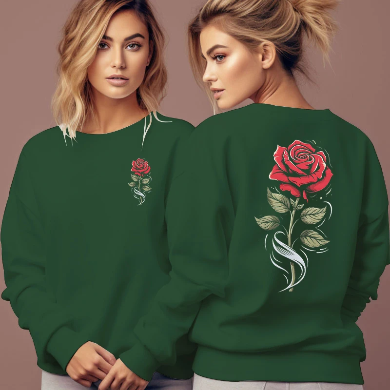 2024 New Autumn Sweatshirts Women\'s Red Rose Graphic Trend Streetwear Aesthetics Flower Trend Pullover Female Long Sleeve Hoodie