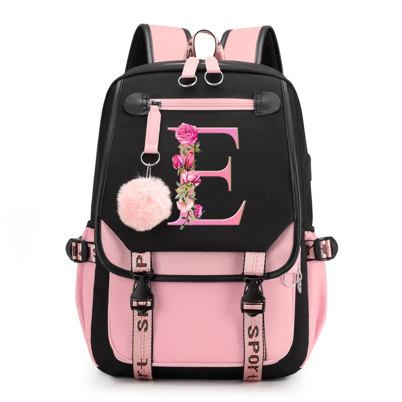 School Bags for Girls 26 Alphabet Floral Print Large Capacity Teenager Canvas Book Bag A-Z 26 Pink Flower Alphabet College Bag