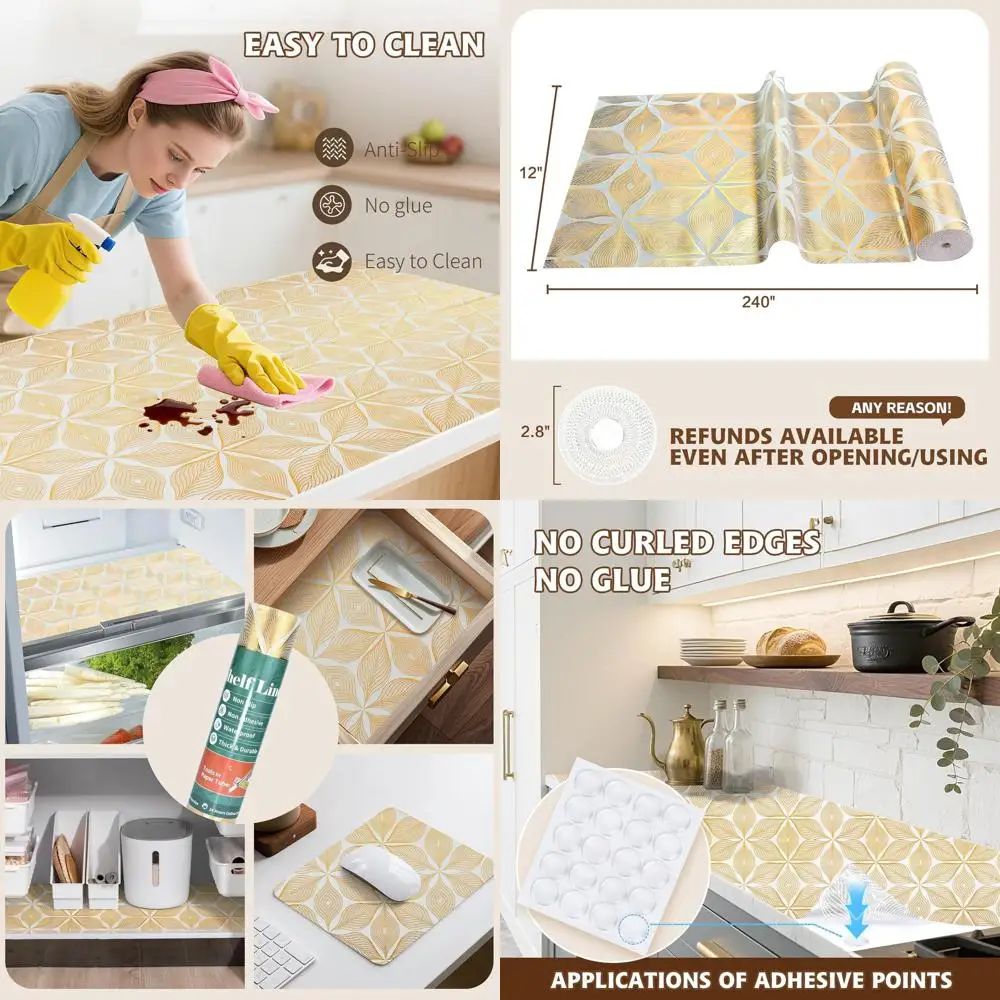 

Kitchen Cabinet Waterproof Liner, Non-Adhesive, Gold Leaf Design, 24x30