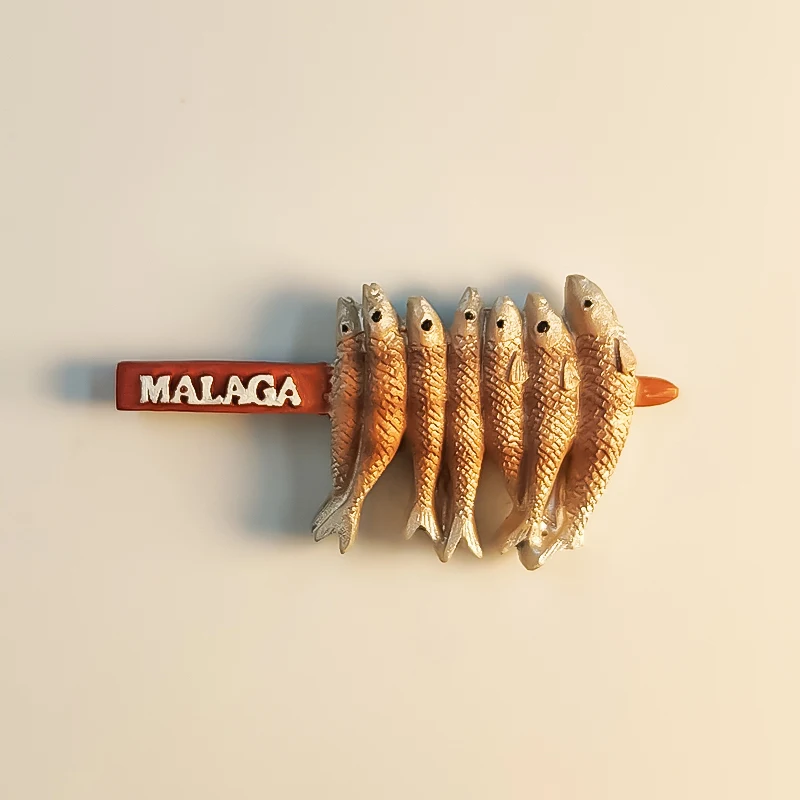 España, malaga  , Brochetas de pescado a la parrilla, estereoscópicas 3D, recuerdos de turismo, pintura de resina, decoración del hogar, imanes de refrigerador