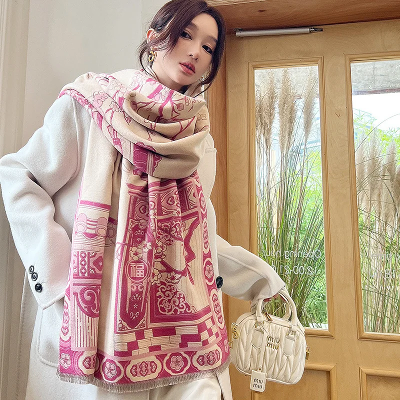 Pink Jacquard Cashmere Blend Scarf Luxury Winter Bufanda Women Plus Size Scarves Echarpes De Luxe Pour Femme Warm Pashmina