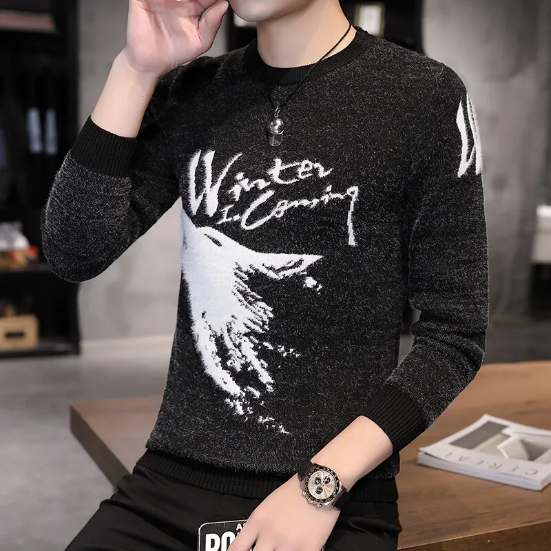 

Мужской осенне-зимний свитер с рисунком головы волка, вязаный свитер с узкими рукавами и резьбой