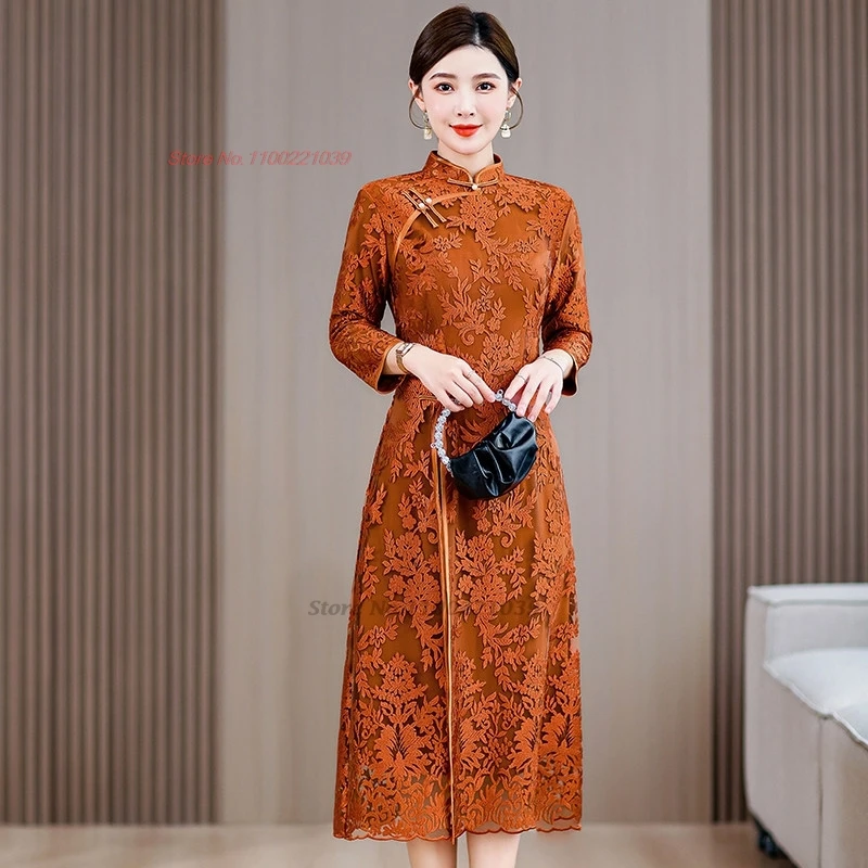 2026 vietnam traditional dress ao dai vintage lace flower improved cheongsam oriental stage qipao party banquet evening dress