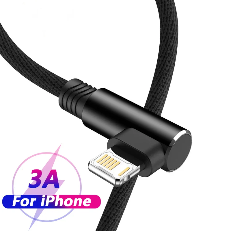 90 Degree USB Cable For iPhone 14 13 12 11 Pro Max X XR 6s 7 8 Plus 2m 3m Lead Mobile Phone Fast Charging Cord Data Charger Wire