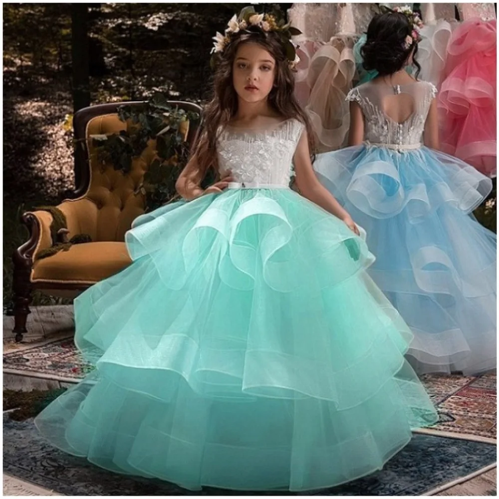 Flower Girl Dress com Applique Lace, Kids' Stitch Beads, Apresentado Desempenho, Traje de aniversário, Bridesmaid Party Princess Dresses