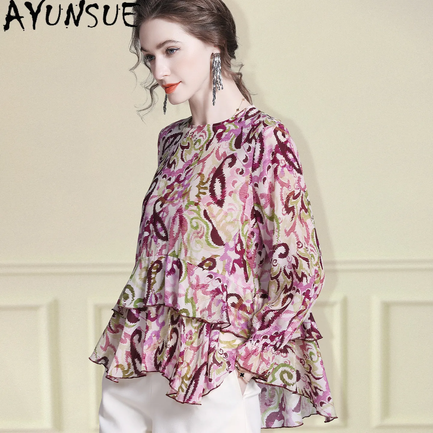 AYUNSUE 100% Real Silk T-shirt Elegant Blouses for Women 2026 Summer Clothes Vintage Blouse Womens Tops Print Рубашка Женская