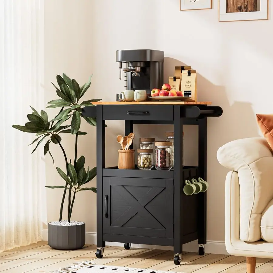 

Rolling Kitchen Cart with Microwave Stand, Storage Cabinet Drawer, Small Coffee Cart with Side Hooks Towel Rods, Compact Kitche
