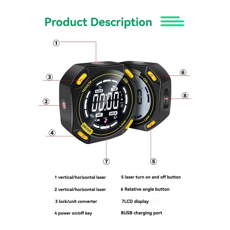 ABKJ-Digital Protractor Level Ruler USB Chargable Inclinometer Magnetic Base Goniometer Tilt Tools