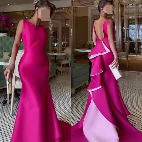 Customized Classic Scoop Sleeveless Evening Dress High Quality Satin Prom Dresses Temperament Contrast Color Party Gowns