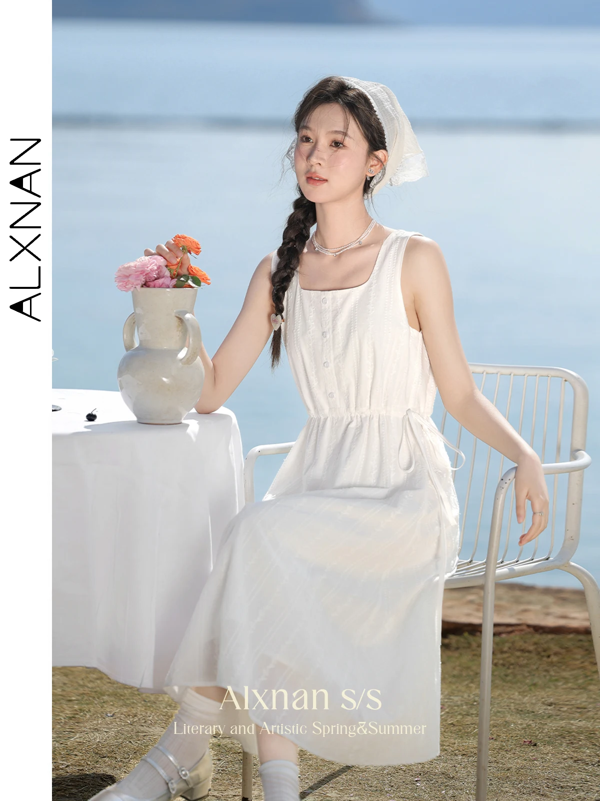 

ALXNAN Women Summer White Dress Women's Sundress 2024 Frenchy Square Collar Button Front Drawstring Waist Midi Tank Dress L33766