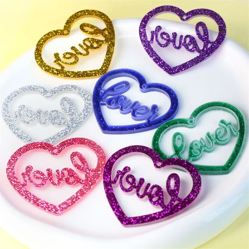 

New arrived 50pcs/lot 40mm color print cartoon hearts shape acrylic beads diy jewelry garment pendant accessory