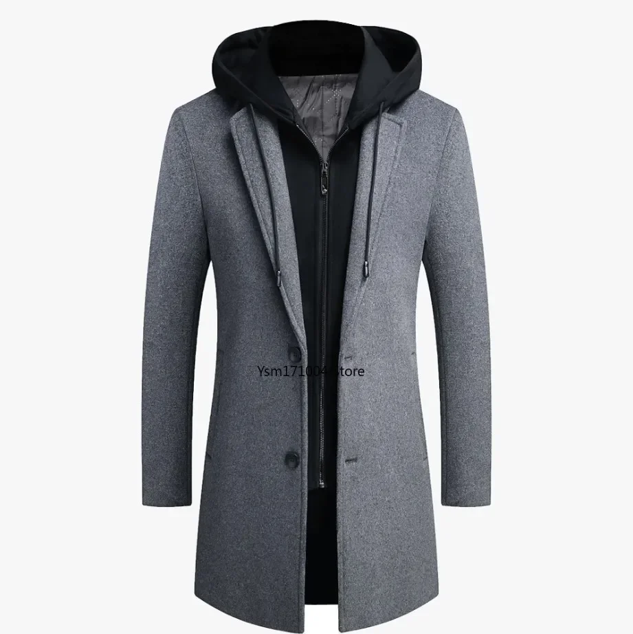 Winter New Men's Business Casual Hooded Cashmere Coat Thickened Warm Leave Two Pieces of Windbreaker Grey Hooded Windbreaker