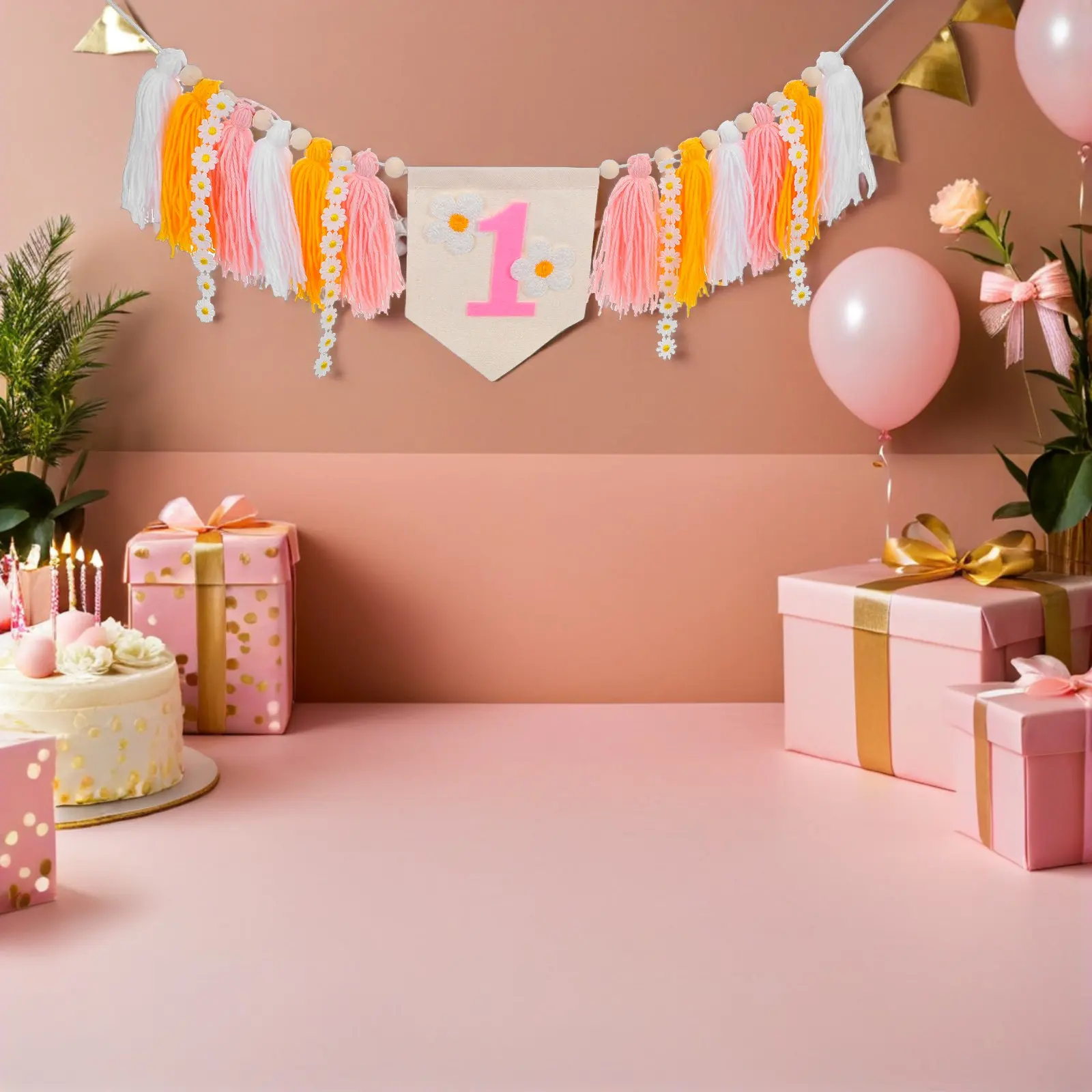1Set Daisy Flower Table Decors Happy Birthday Banner for 1St Birthday High Chair Banner Tassel Boho Party Props Photo Booth view 4