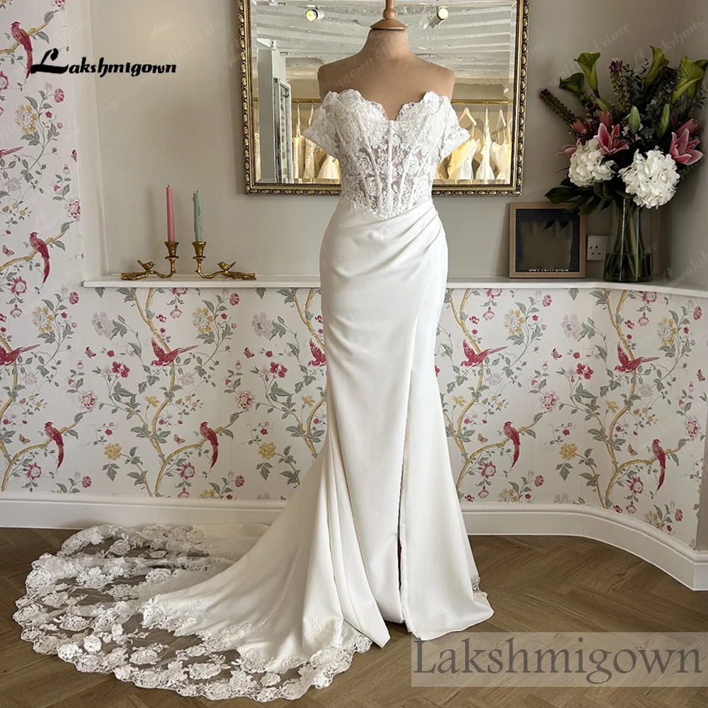 Lakshmigown Sexy Meerjungfrauen-Hochzeitskleid mit transparentem Korsett-Mieder, Satinrock, Spitzen-Kathedralenschleppe, Brautkleid nach Maß – Detail 5