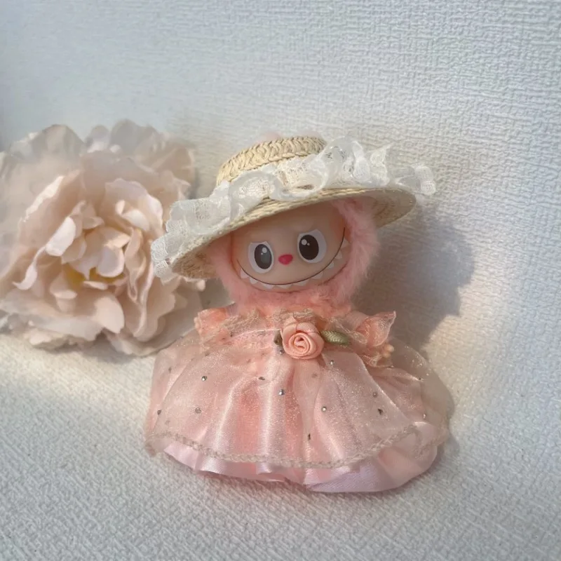 

Doll Clothes For 4th Generation 10cm Mini Labubu 4.0 Elegant Cute Pink-White Tulle Mini Dress With Pearl Hair Accessories