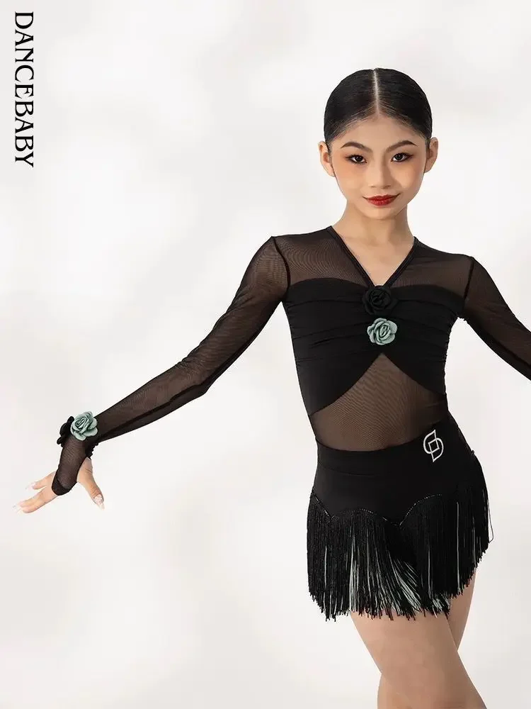 Sukienka latynoska z siateczki, strój do flamenco dla dziewczynki, seksowna sukienka z frędzlami, damski strój do tańca, profesjonalne sukienki do tańca latynoamerykańskiego dla kobiet.