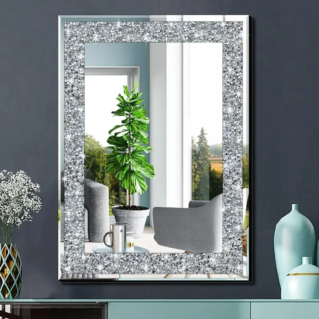 

Crystal Crush Diamond Rectangle Wall Decoration 20x28 inch Frameless Mirror Silver Acrylic Decor Glam Chic Sparkle Twinkle Bling