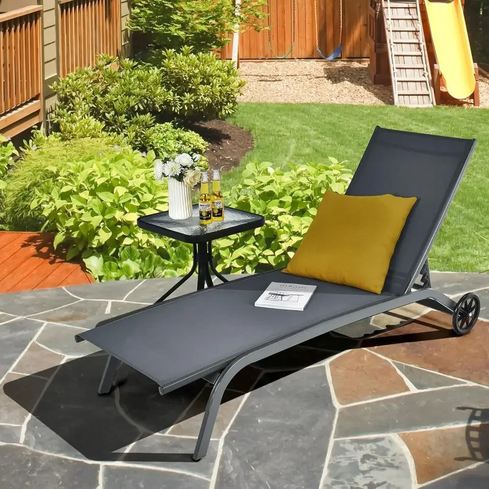 6-Position Adjustable Outdoor Patio Lounge Recliner, Breathable Fabric, Smooth Wheels, Grey