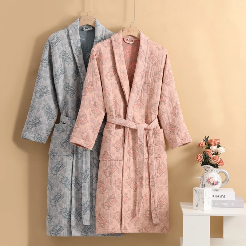 

100%Cotton 4Ply Gauze Bathrobe Kimono Gown Yukata Couples Robe Sleepwear Autumn Winter Thick Men Women Nightwear Loungewear