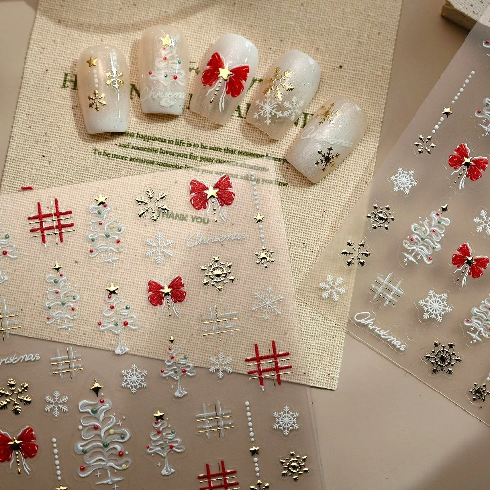 الذهب مختوم ندفة الثلج نجوم شجرة عيد الميلاد البيضاء الأحمر Bowknot لطيف ثلاثية الأبعاد مسمار الفن ملصقات Ins نمط عيد الميلاد جميل مانيكير الشارات #6
