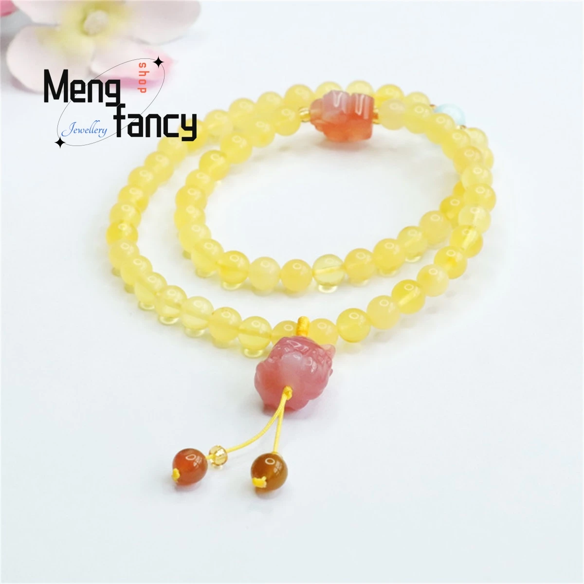 

Natural Honey Wax Yanyuan Agate Amber Peach Blossom Double Ring Fox Bracelet Simple Personality Retro Ethnic Men Women Fine Gift