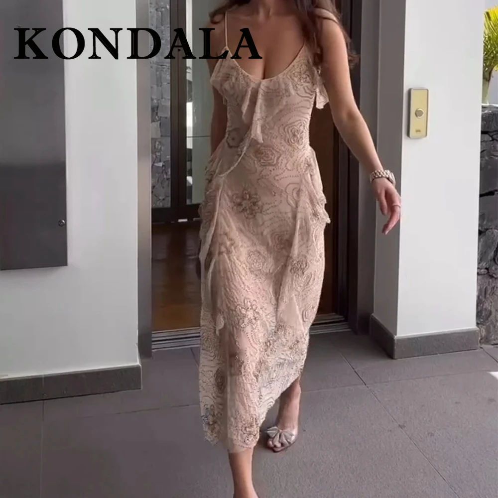 فستان KONDALA أنيق ومثير ومثير للنساء فستان كامي طويل لحفلات أعياد الميلاد والحفلات المسائية موضة 2025 فستان نادي مكشكش بيج موهير