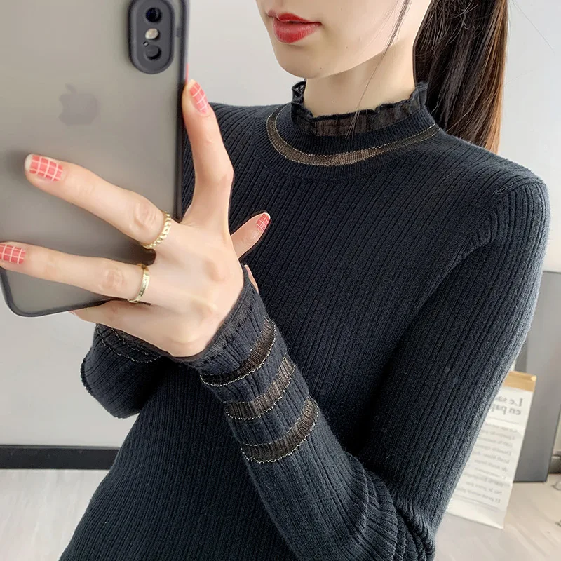 سترة نسائية محبوكة بقصة ضيقة طويلة Sve بياقة عالية لون نقي طاقم Ne بلوفر دانتيل طبقة أساسية