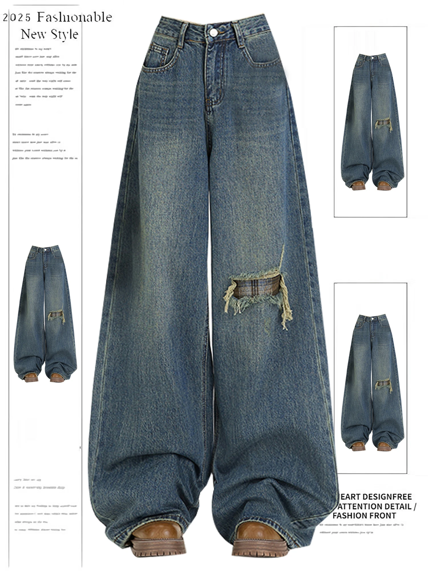 

Y2K Women's High Waist Wide Leg Jeans Vintage Washed Distressed Ripped Plaid Patch Loose Fit Denim Pants Streetwear Trousers