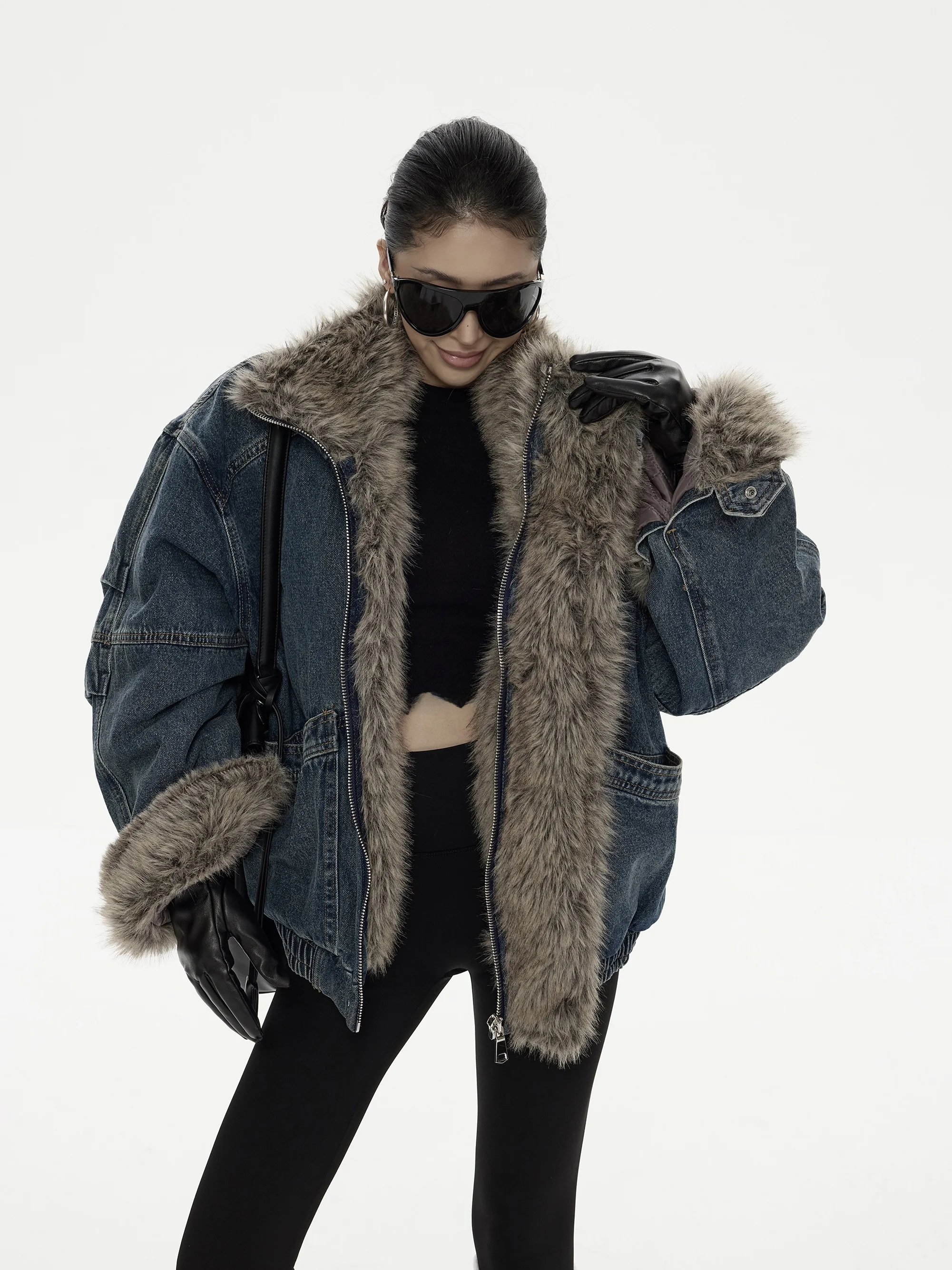 

Женская джинсовая куртка Wild Zero с утолщенным воротником, хлопковое пальто, осенне-зимняя новинка, американский ретро-стиль, свободная верхняя одежда