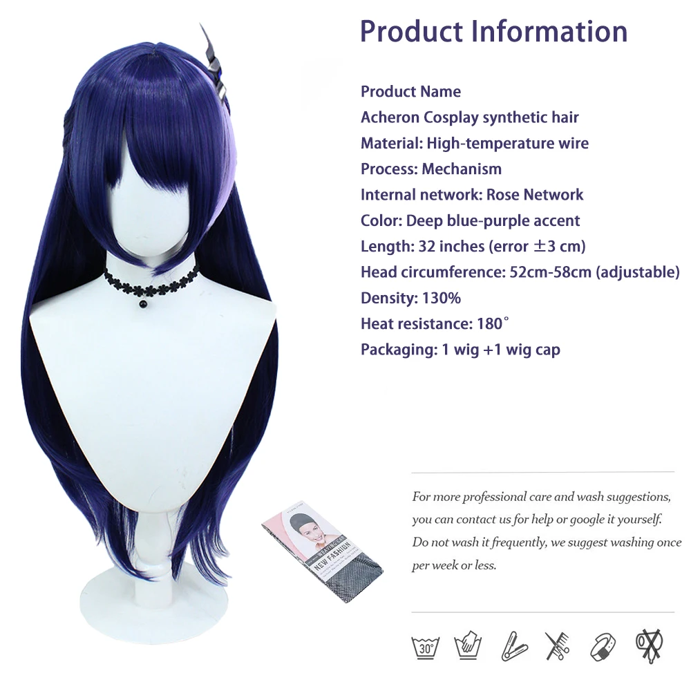 Game Anime Berkualitas Tinggi Honkai: Star Rail ‌   Acheron ‌ ‌   Rambut Sintetis Cosplay Wig Harian Karnaval Halloween 32 Inci Tahan Panas