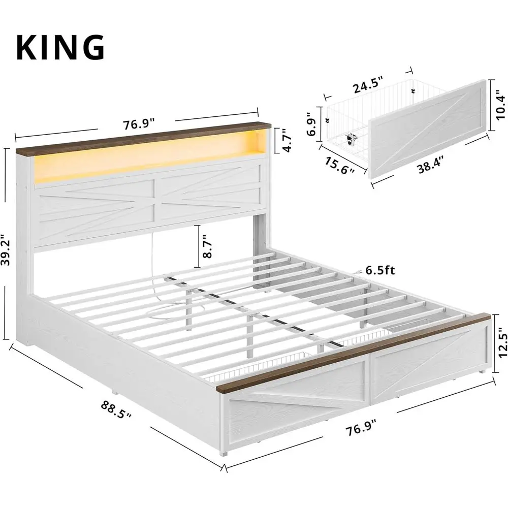 سرير تخزين بإضاءة LED بحجم كينج مع قاعدة شحن ودرجين، نمط باب الحظيرة الخشبي الأبيض #3