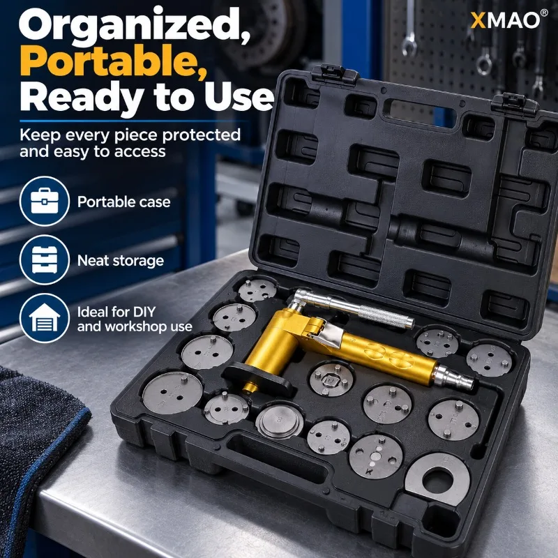 Pneumatic Brake Caliper Piston Rewind Tool Kit with 16 Adapters, Air Powered Brake Pad Replacement Reset Tool for Auto Repair