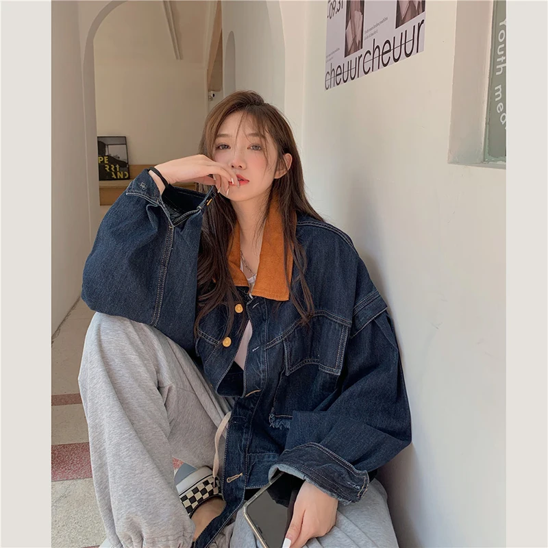 GIDYQ American Rtero Denim Jacket Women Y2k Streetwear Oversized Loose Casual Blue Jean Coat Fashion Patchwork Tops Fall Winter