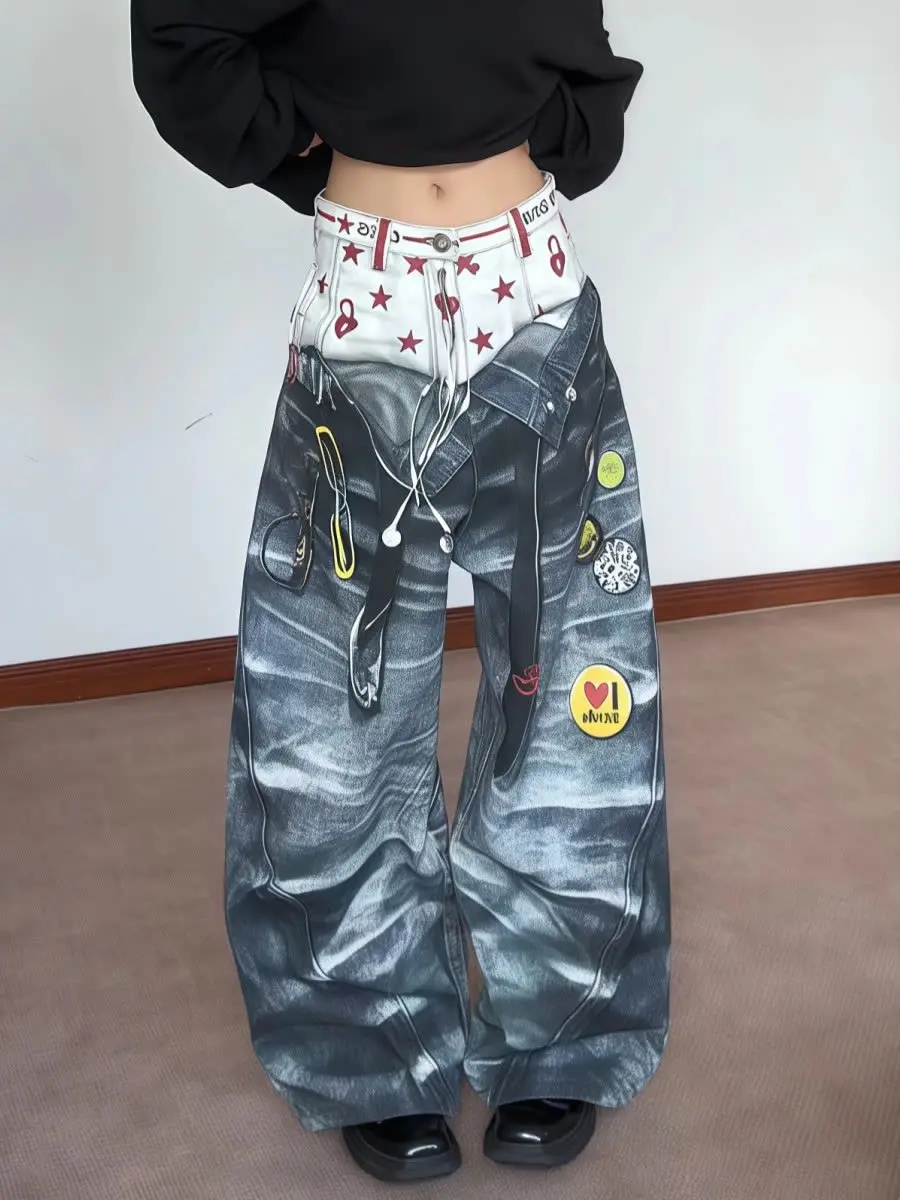 

Рваные джинсы в европейском и американском стиле ретро с уличным граффити, мужские модные брендовые свободные уличные широкие брюки в стиле хип-хоп