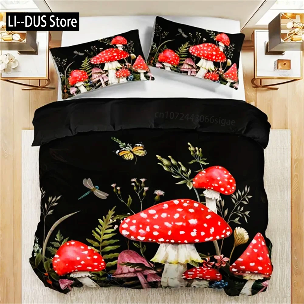 

3-Piece Queen Size Red Mushroom Print Duvet Cover Set - Soft, Breathable, And Comfortable Polyester Bedding With Abstract