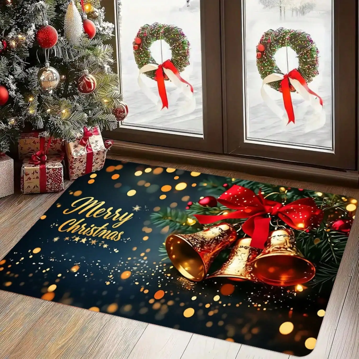 1pc Christmas Bell Pattern Printed Doormat, Soft And Comfortable Flannel Floor Mat For Indoor Entryway Or Footrest. Suitable For Doorways, Living Room, Bedroom