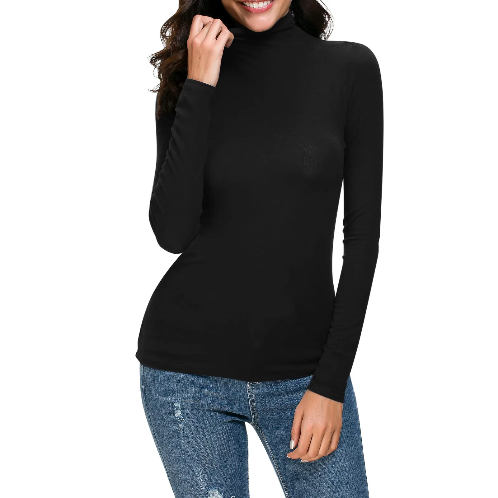 Turtleneck Women Basic T-Shirt Casual Solid Long Sleeved Blouse Tops Slim Fit Stretchy Versatile Tee Shirts Yellow Black T Shirt