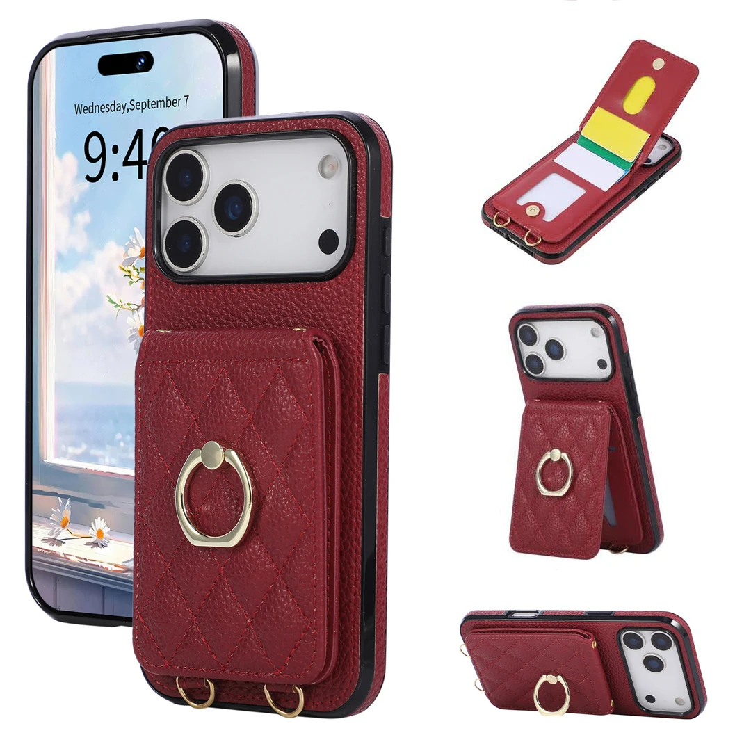 

Luxury Bracket Grid Leather Card Slot Wallet Case For iPhone 11 12 13 14 15 16 17 Pro Max Plus Purse Phone Cover Ring Kickstand
